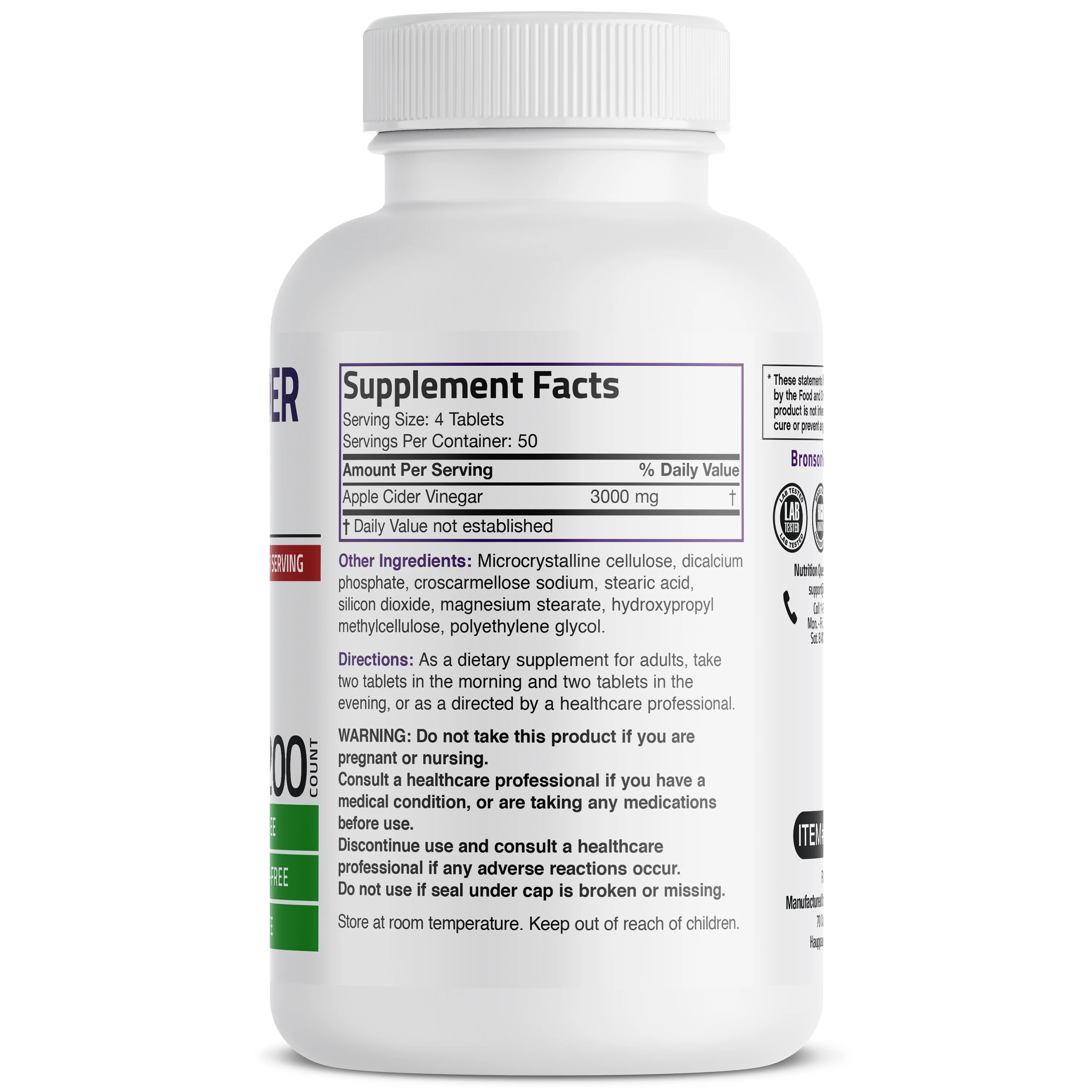 Apple Cider Vinegar 3000 MG, 200 Vegetarian Tablets - Image 2