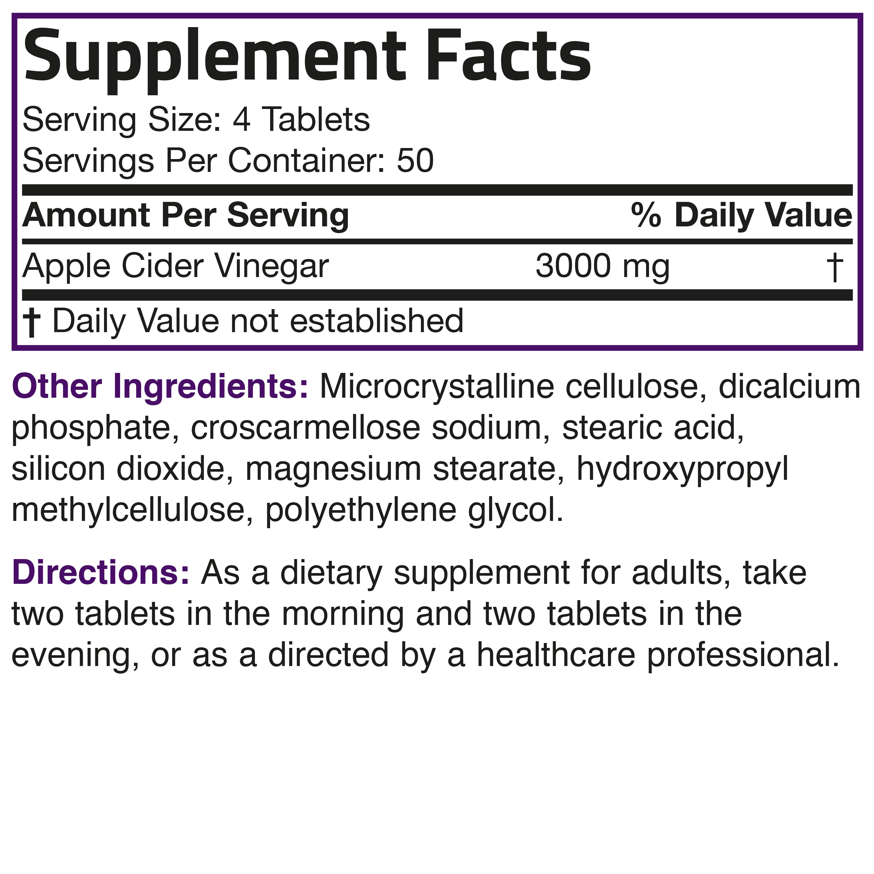 Apple Cider Vinegar 3000 MG, 200 Vegetarian Tablets - Image 6