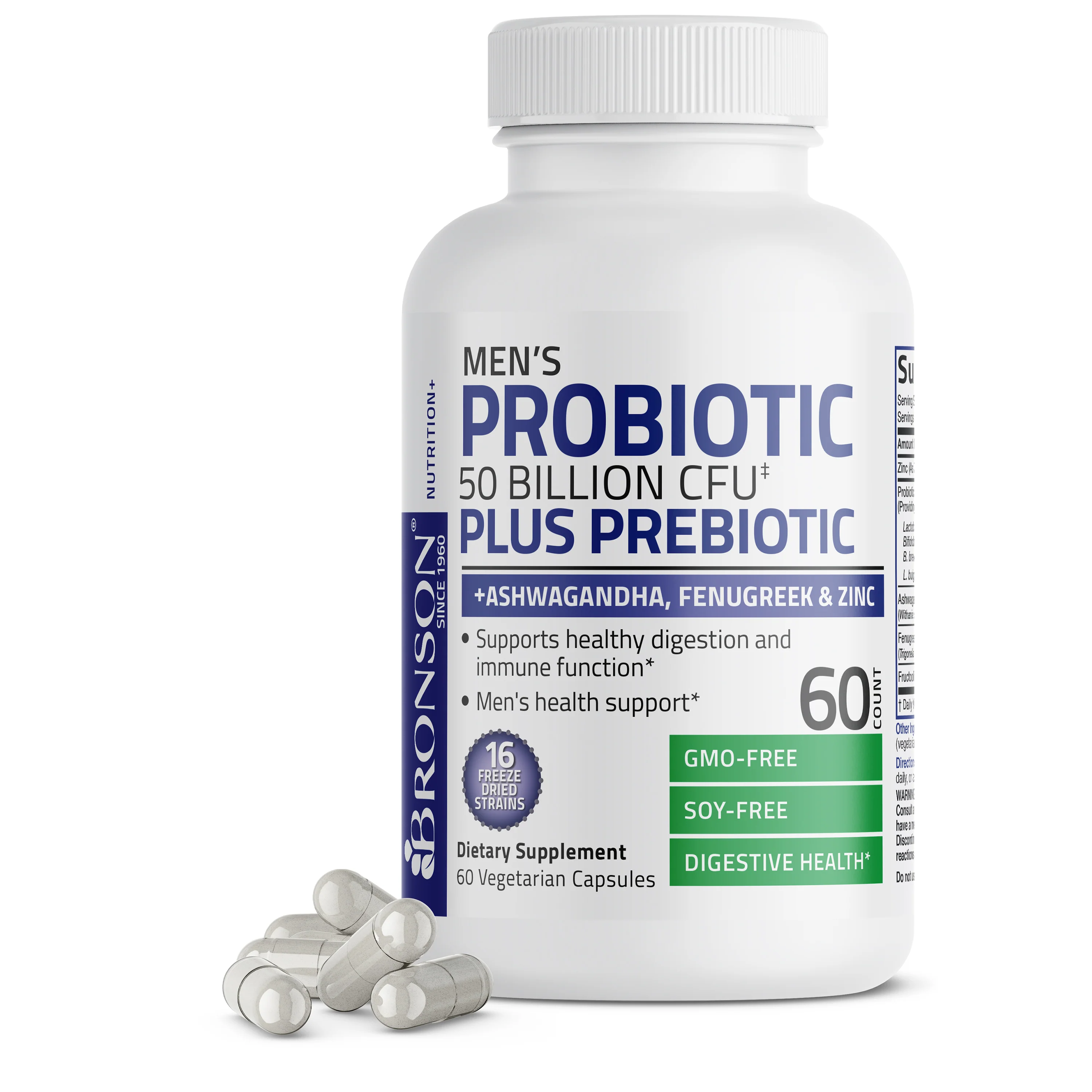 Men's Probiotic 50 Billion CFU Plus Prebiotic with Ashwagandha, Fenugreek & Zinc, 60 Vegetarian Capsules - Image 2
