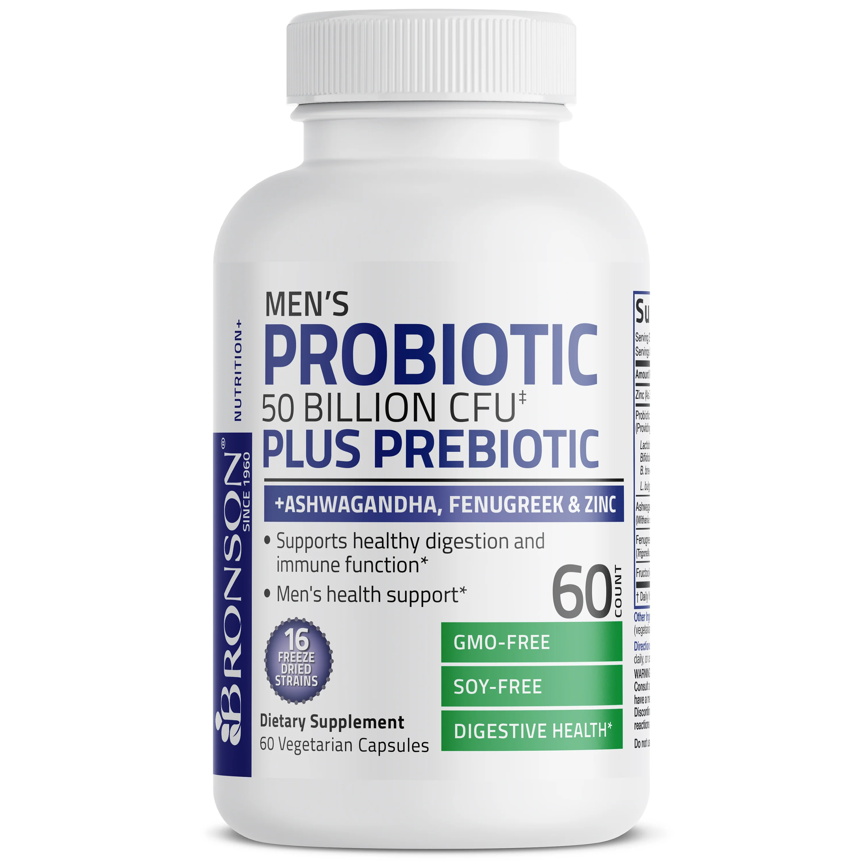 Men's Probiotic 50 Billion CFU Plus Prebiotic with Ashwagandha, Fenugreek & Zinc, 60 Vegetarian Capsules - Image 4