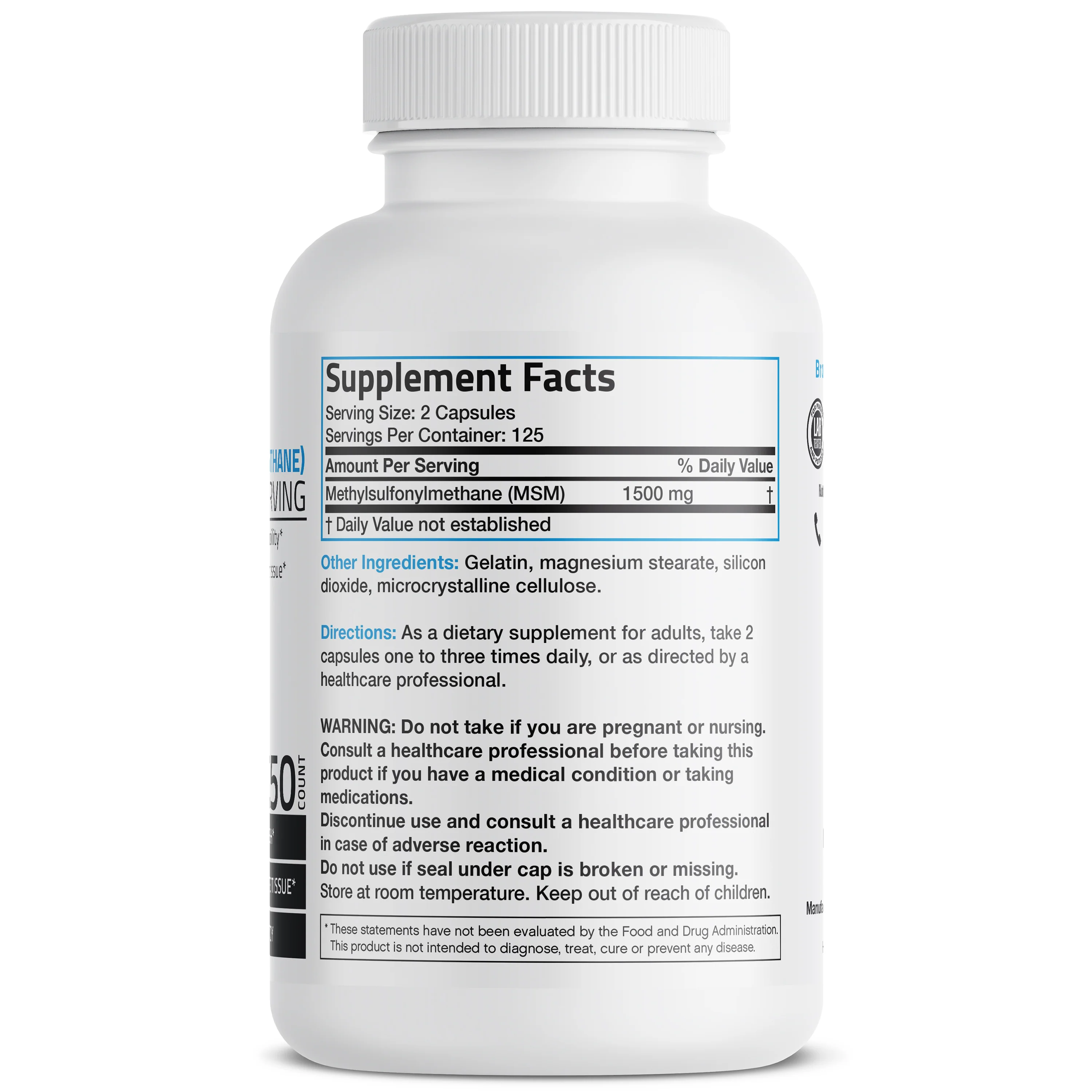 MSM - 1,500 mg - 250 Capsules - Image 2